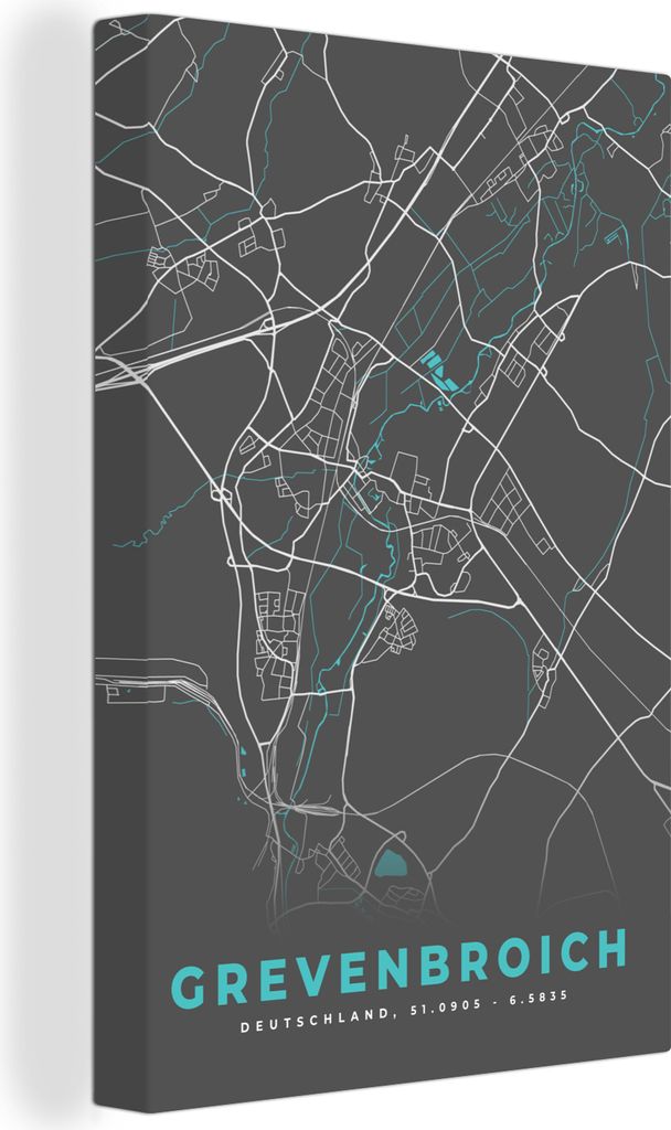 OneMillionCanvasses - Leinwandbilder - 90x140 cm, Stadtplan - Karte - Grevenbroich - Blau - Deutschland - Karte, Wandbilder Kunstdruck Wanddekora...