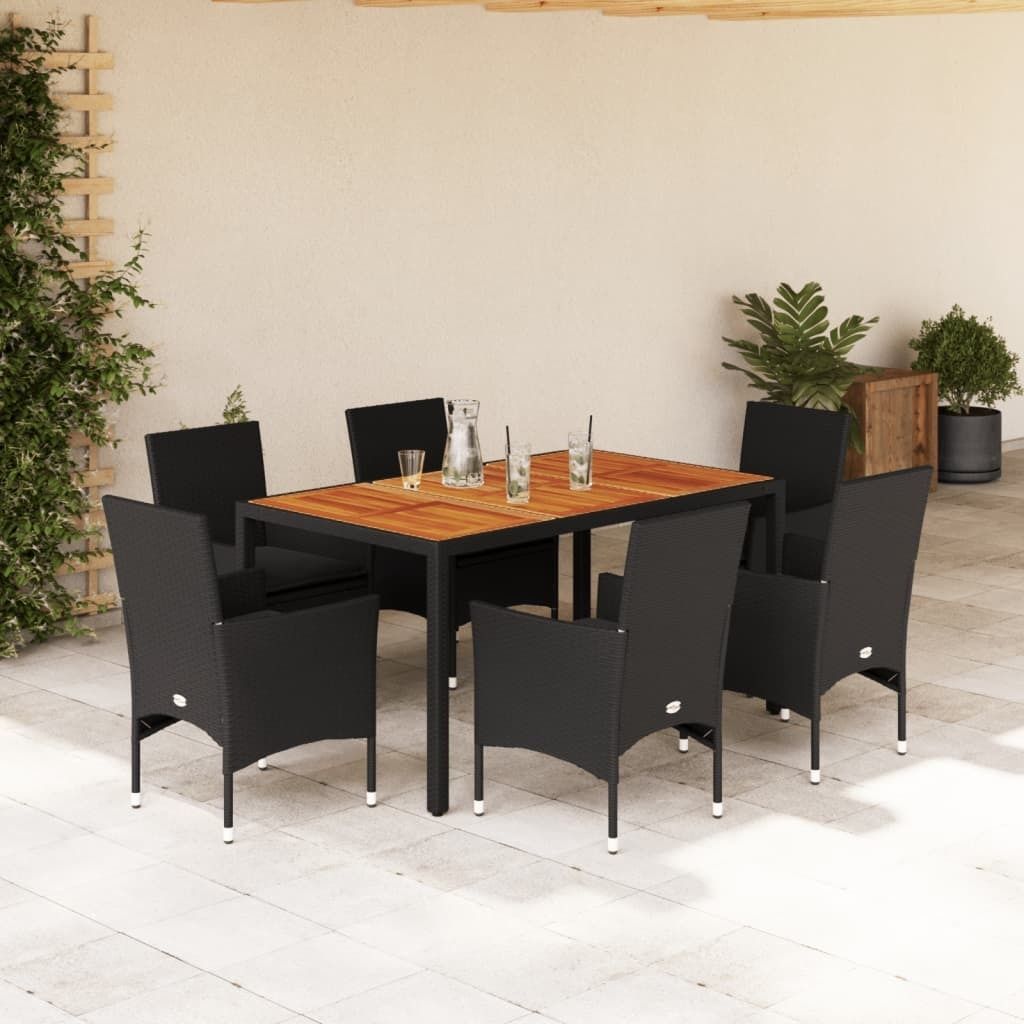 "Rabatt" 7-tlg. Garten-Essgruppe - mit tishe & Stuhl - mit Kissen Schwarz Poly Rattan Akazie - Lounge-Dining set CC10908
