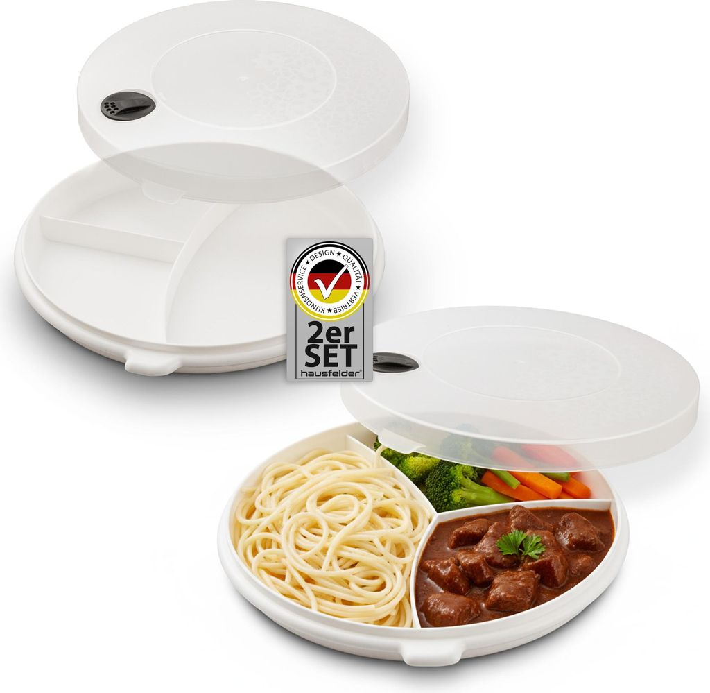 Two white divided microwave-safe plates with lids. One plate is empty and shown open, with the lid partially covering it. The second plate is filled with spaghetti, vegetables, and stew, and is also shown open with the lid partially covering it. A small si