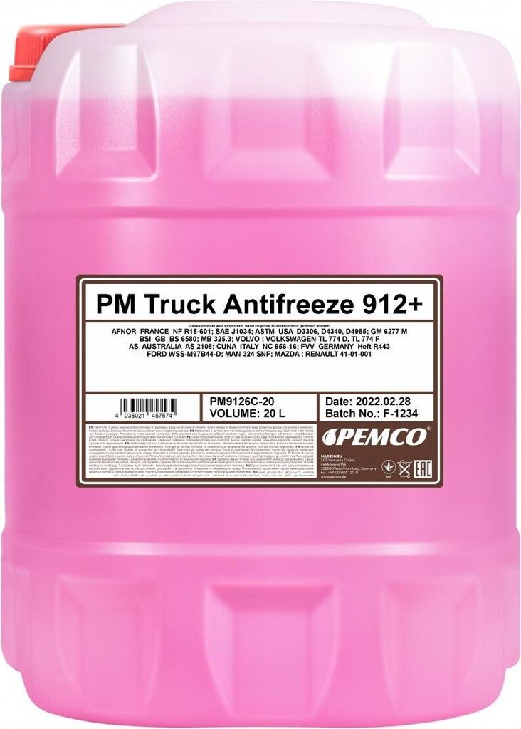 PEMCO Truck Antifreeze912+ Kühlmittel Kühlerfrostschutz 20L Rot Antifreeze Konzentrat G12+ type D truck