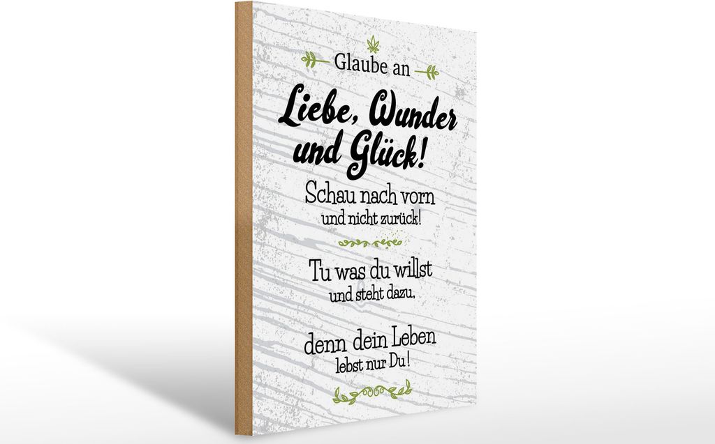 Holzschild Glaube an Liebe Wunder und Glück, 40x30 cm, Holzschilder Spruch Glück Weisheit