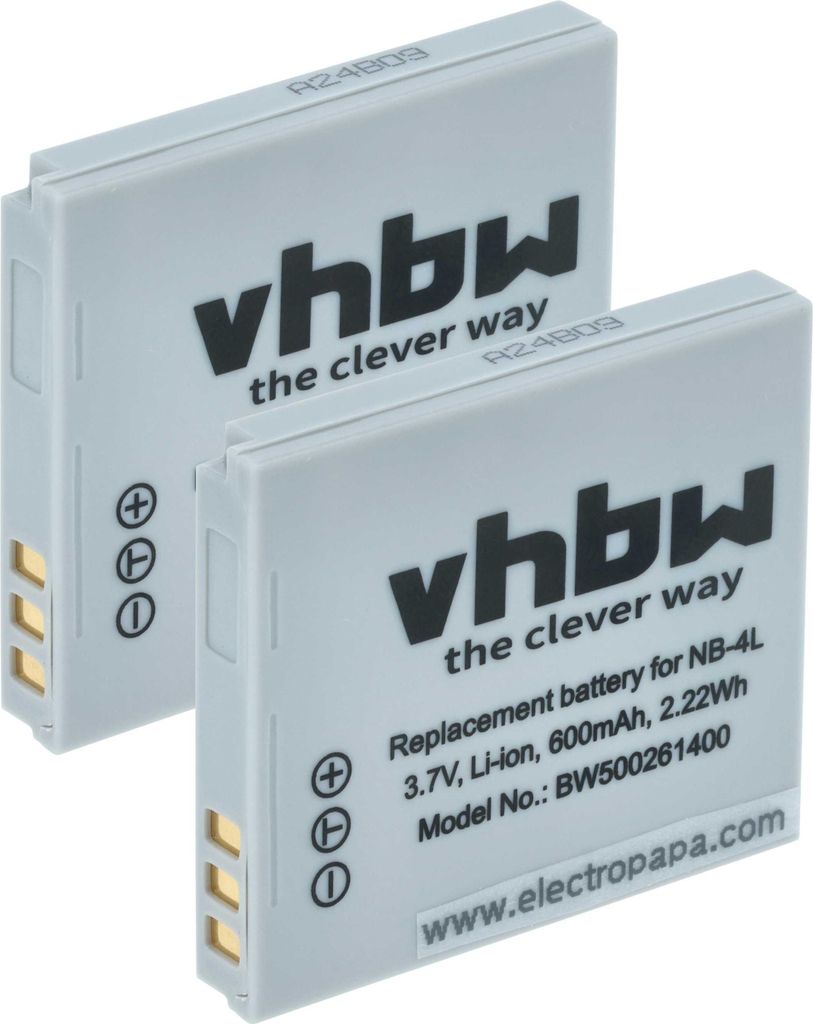 vhbw 2x Akku Ersatz für Canon NB-4L für Kamera (600 mAh, 3,6 V, Li-Ion)