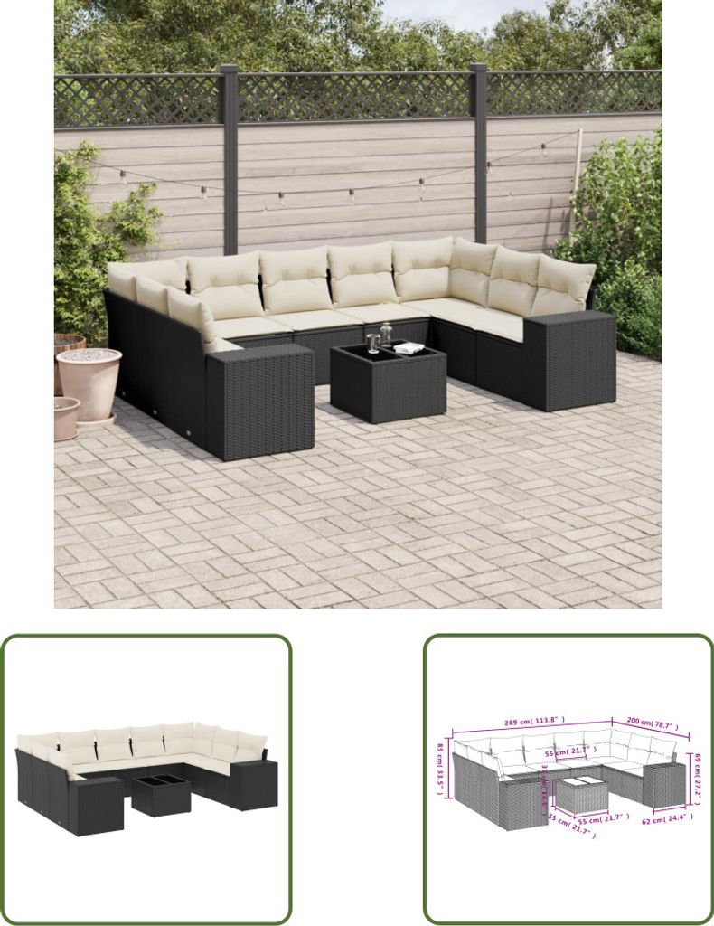 The Living Store 10-tlg. Garten-Sofagarnitur mit Kissen Schwarz Poly Rattan