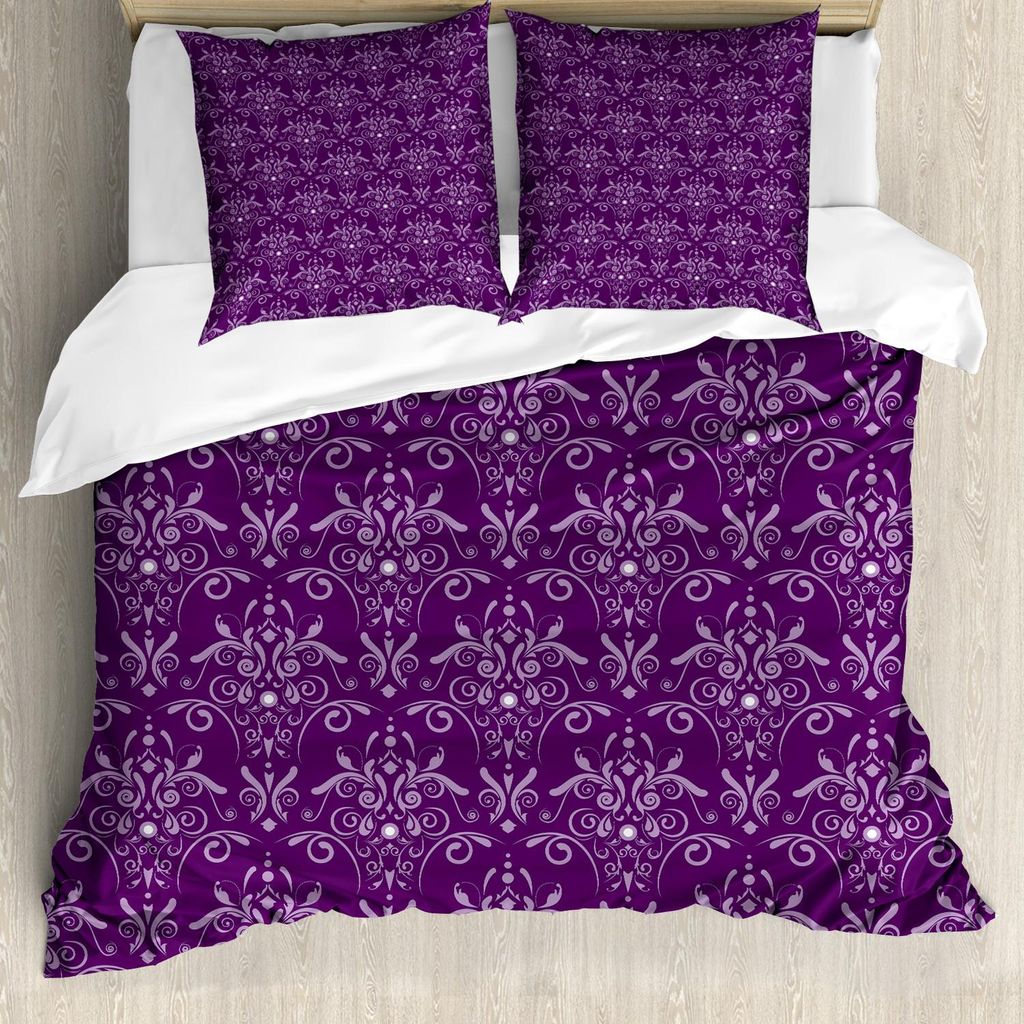 ABAKUHAUS Aubergine Bettbezug Set, Damast-Muster mit symmetrischen abstrakten Blättern und Strudeln, die einheitlichen Blick bilden, 155 x 220 cm ...