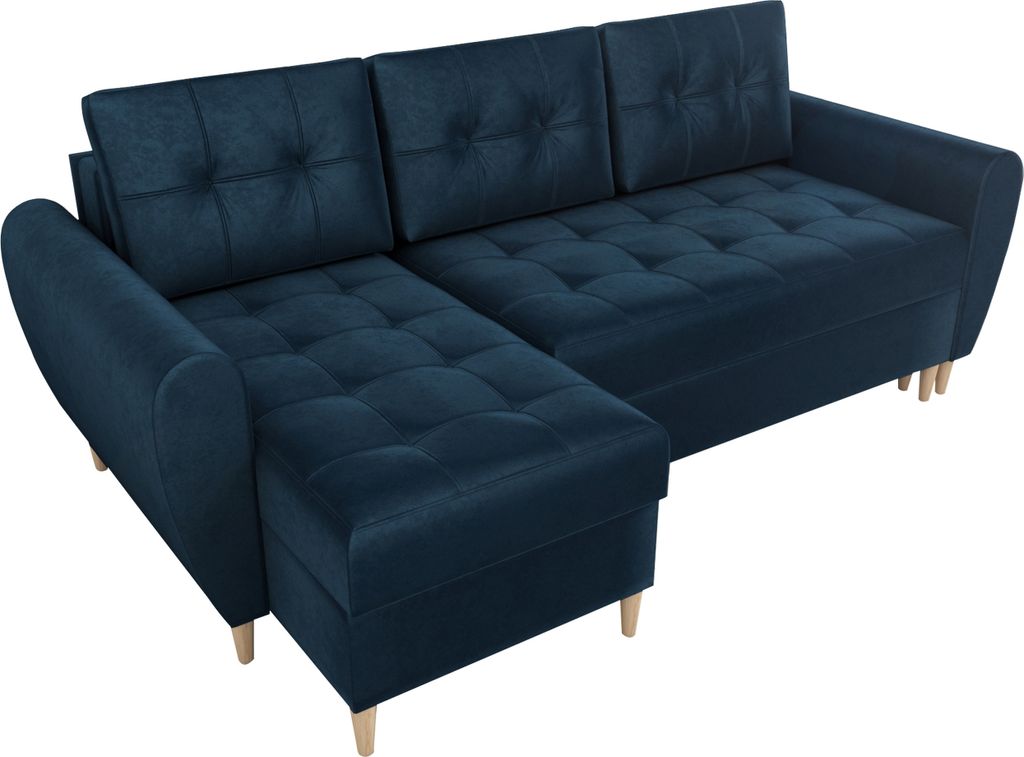 BroMARKT Ecksofa mit Schlaffunktion und Bettkasten Henry Blau Samtstoff Links