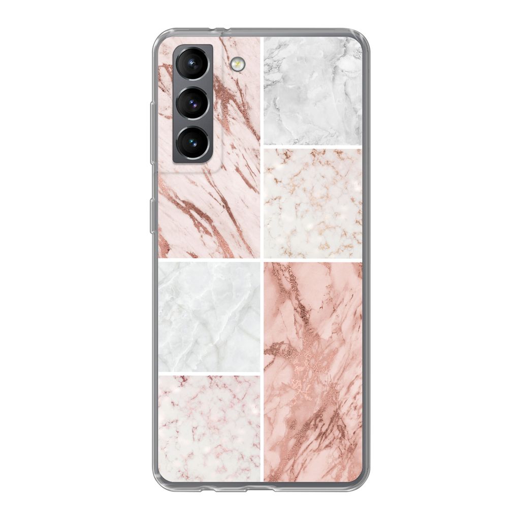 MuchoWow Handyhülle Schutzhülle Hülle für Samsung Galaxy S21 Marmor - Weiß - Rosa Silikon Softcase Handy Hülle - Softcase