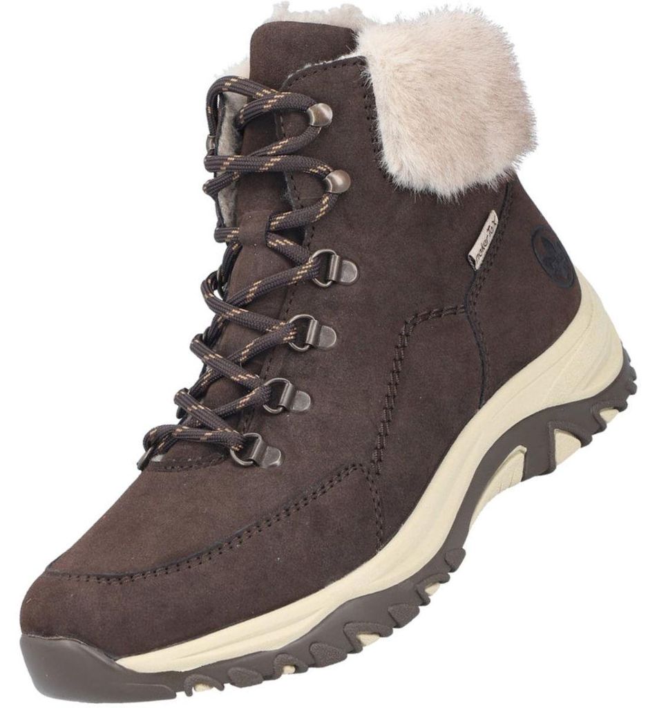 Auf dem Bild ist ein brauner Stiefel zu sehen der aus Leder gefertigt ist. Der Stiefel wird von der linken Seite gezeigt und steht auf einer weißen Oberfläche.