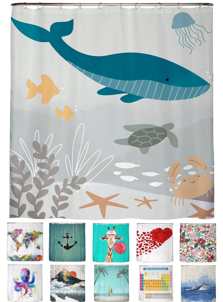Duschvorhang „Water World Grey“ – schimmelresistent, 180 x 200 cm – recycelt, – beschwerter Saum, blickdicht, wasserdicht, waschbar, 12 R...