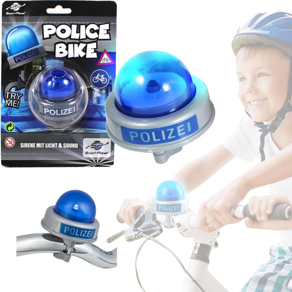 Smart-Planet Fahrradklingel Polizei Sirene für Kinder - Polizeisirene mit Blaulicht und Tatü-Tata Sound - lustige Fahrrad Klingel für Fahrradlenker