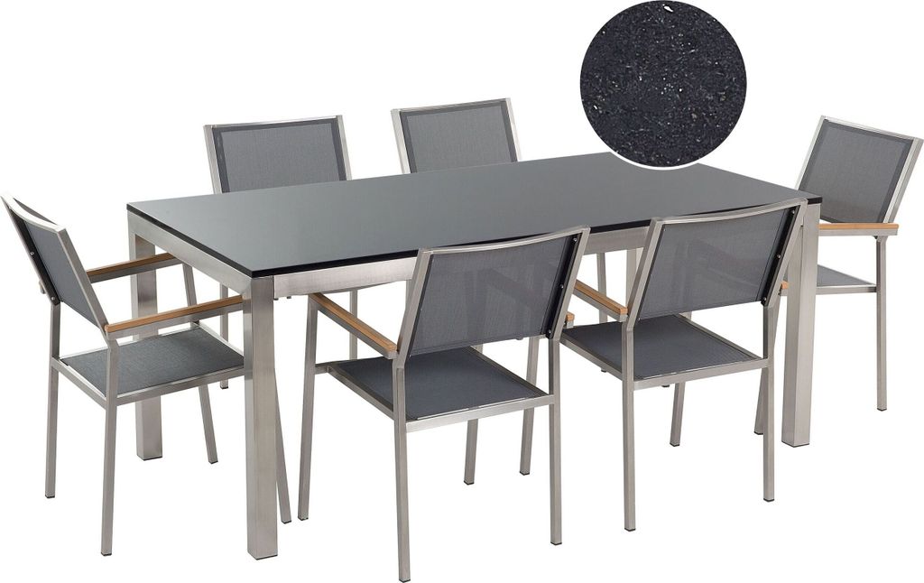 BELIANI Gartenmöbel Set Schwarz Granit Edelstahl Tisch 180 cm Poliert 6 Stühle Terrasse Outdoor Modern