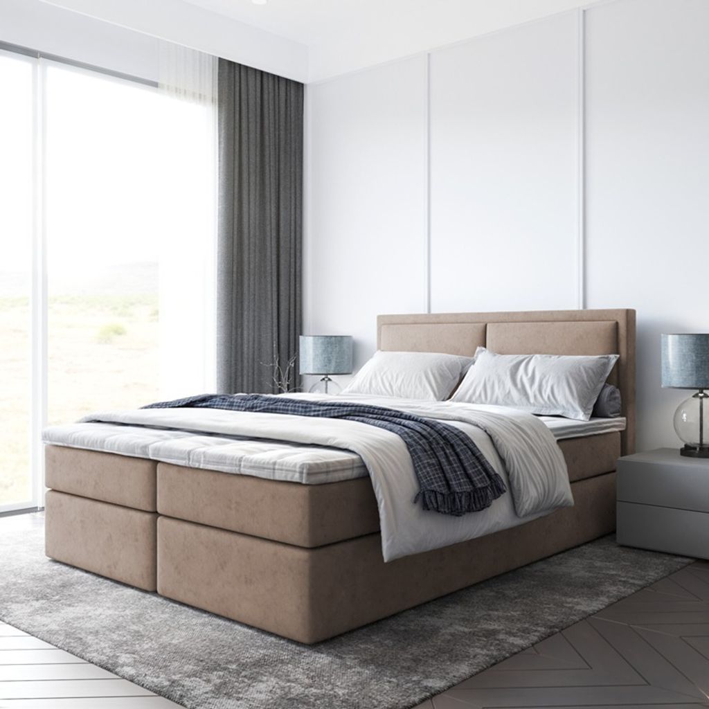 Bett, Boxspringbett SUZI mit Bettkästen und T25 Topper, Doppelbett, Stauraum, Schlafzimmer, Polsterbett, 160x200 cm. (Cappuccino - Itaka 48)