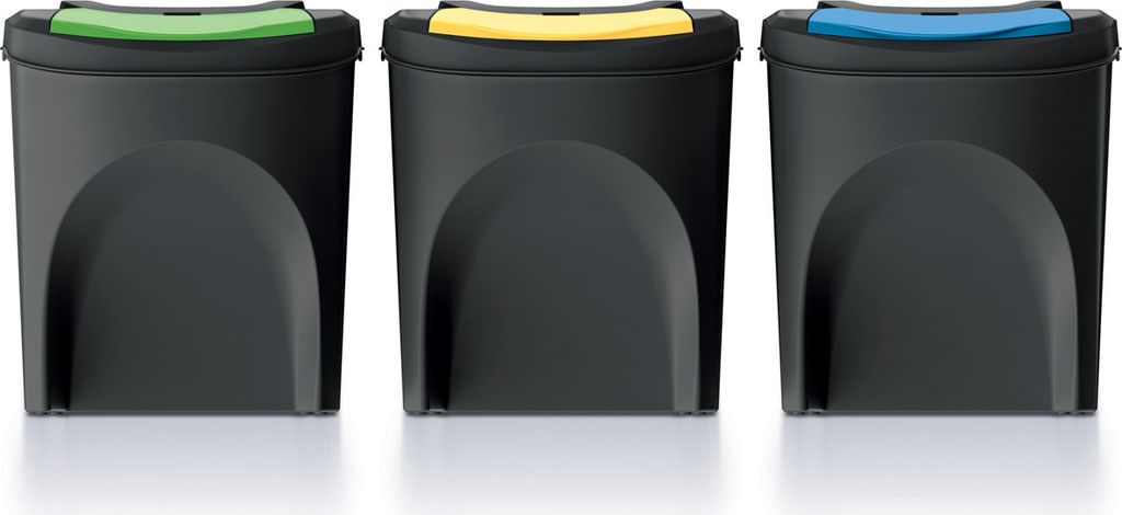 Three black recycling bins with different colored lids (green, yellow, blue) are lined up against a white background.