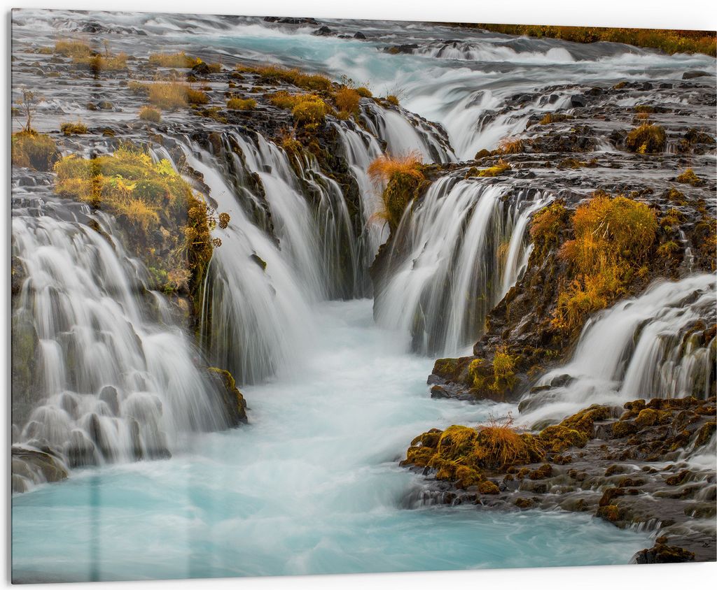 DEQORI Küchenrückwand Glas 80x60 cm 'Herbstlicher Wasserfluss' Spritzschutz Bad Rückwand Küche