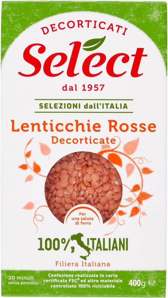 Select Lenticchie Rosse Decorticate Geschälte Rote Linsen 100% Italienische Hülsenfrüchte Papier Verpackung von 400g