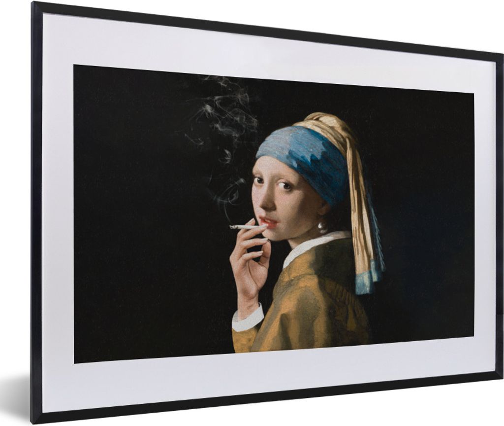 MuchoWow Gerahmtes Poster Das Mädchen mit dem Perlenohrring - Vermeer - Zigaretten 60x40 cm - Poster mit Schwarzem Bilderrahmen Wandposter Rahme...