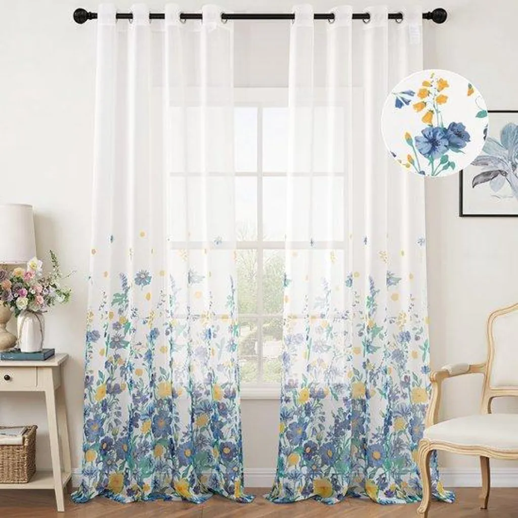 Rideaux de décoration bleu foncé à fleurs 140x260 - Créer une ambiance cosy