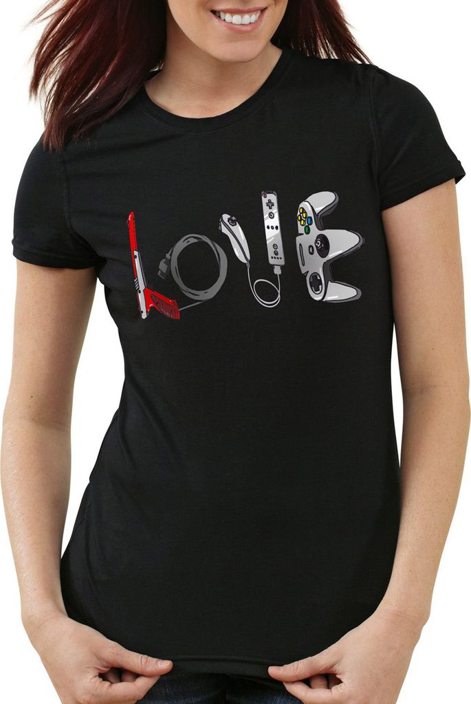 style3 LOVE Gamer T-Shirt Damen super konsole kart NES SNES zelda mario sonic wii, Farbe:Schwarz, Größe:2XL