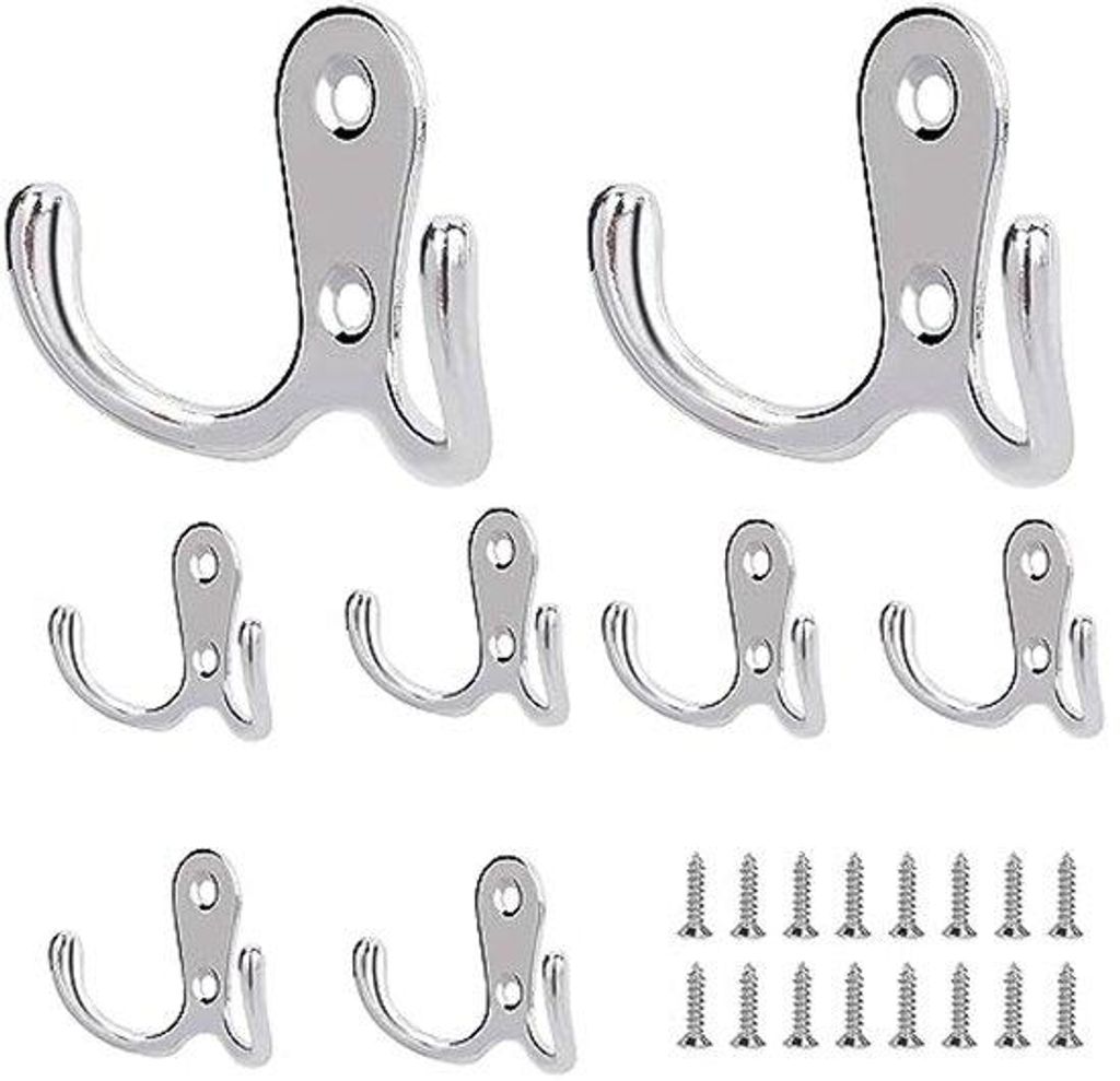 Set aus 8 silbernen Kleiderstangen, doppelten Wandhaken, Kleiderstangen, vintage Kleiderstangen mit Schrauben für Badezimmer, Küche, Schlafzimmer...