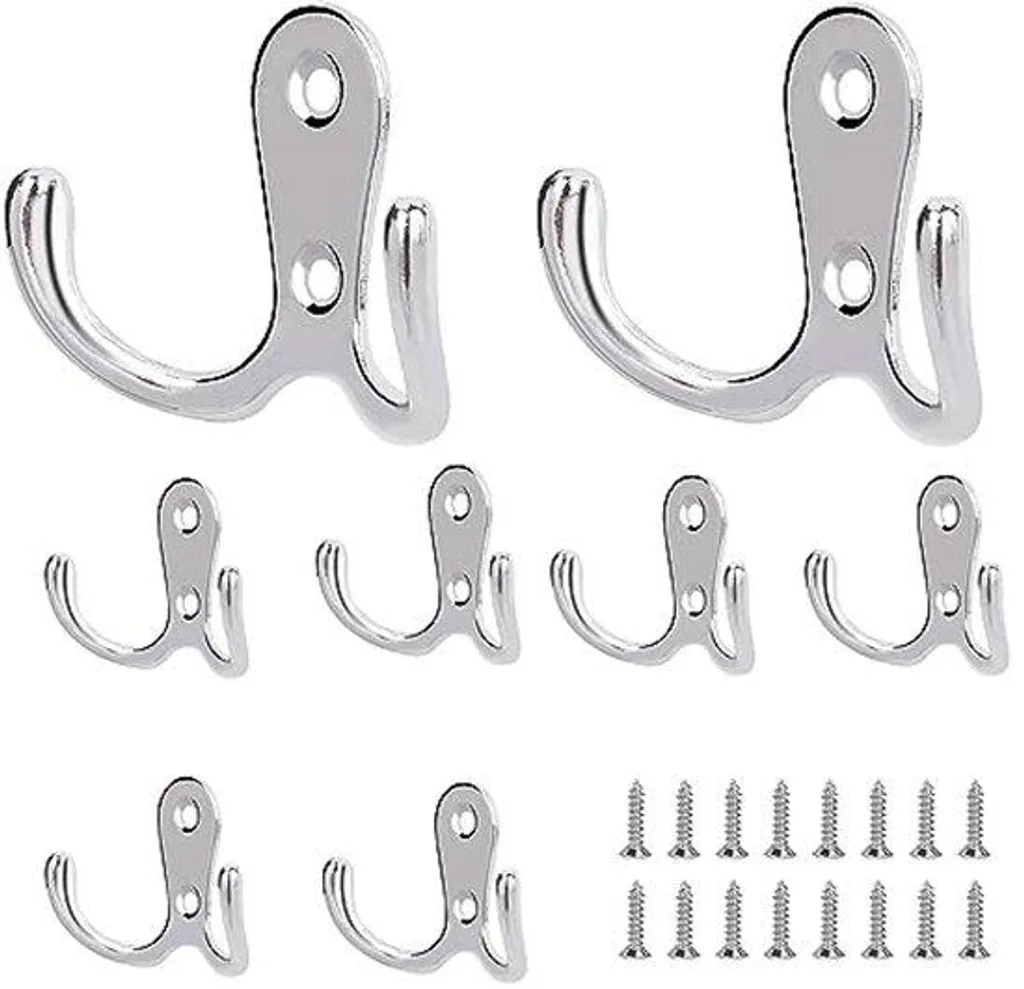 Lot de 8 tringles à vêtements argentées avec crochets muraux doubles