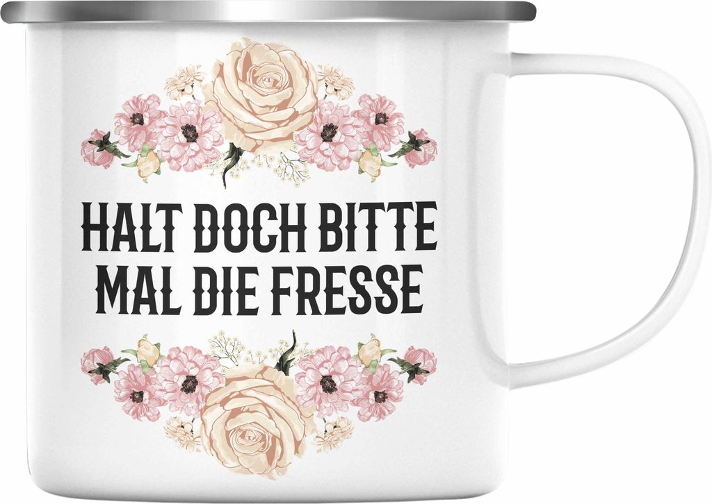 Trendation - Halt Doch Bitte Mal Die F Lustige BüroEmaille Tasse Emaille Tasse mit Spruch Geschenk Kollegin Kollege Provokant (Silber)