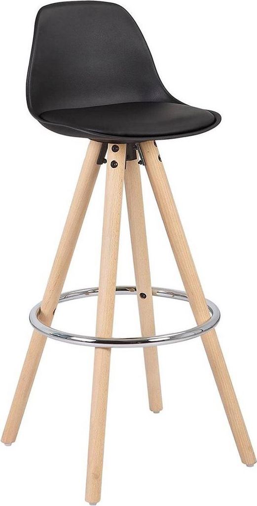 Barhocker – Zithöhe 75cm – Schwarz – Kunstleder – Braunes Gestell – Mit Rückenlehne