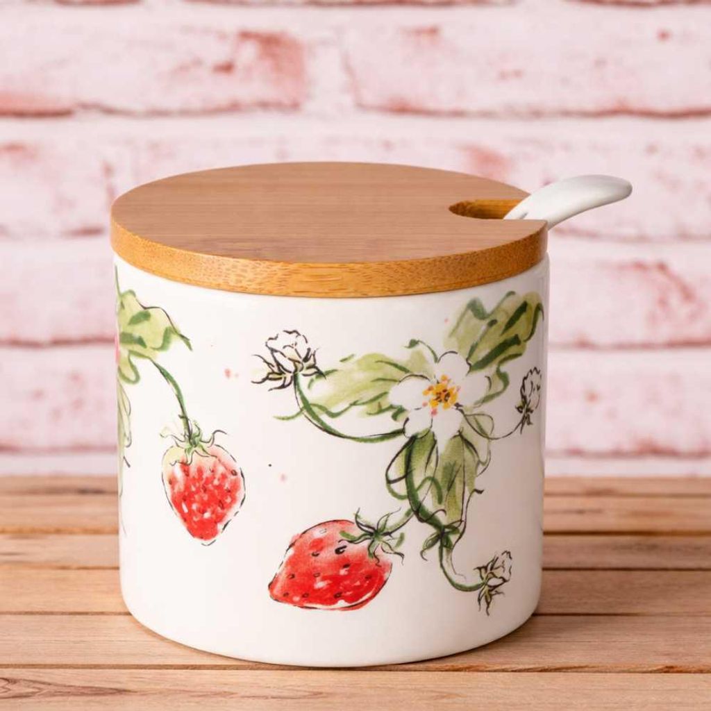 AltoBelli Dose BERRY Weiß Marmeladendose ERDBEERSTRAUCH mit Holzdeckel u. Löffel