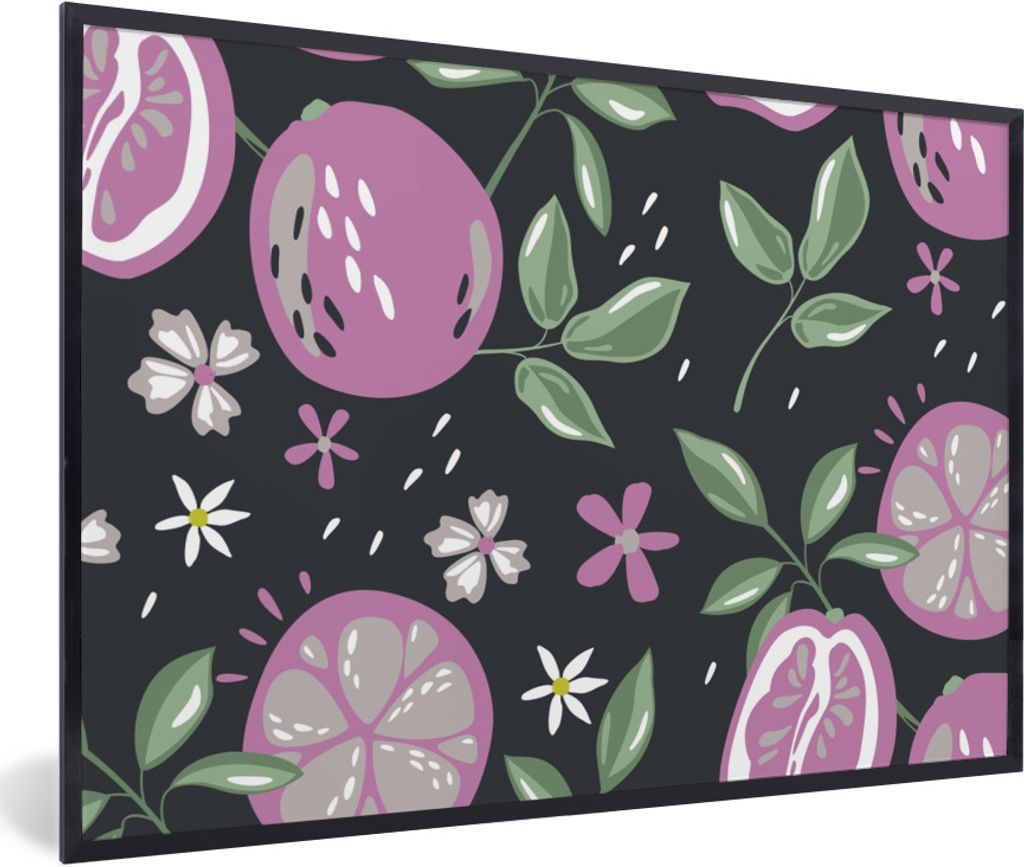MuchoWow Gerahmtes Poster Sommer - Blumen - Obst - Schwarz 90x60 cm - Poster mit Schwarzem Bilderrahmen Wandposter Rahmen Foto Bilder - Fotorahme...