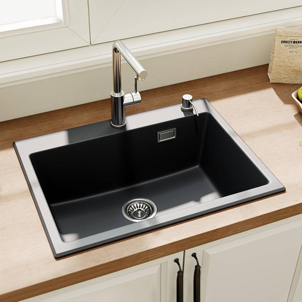 HOROW 60x45 cm Granit Spülbecken Küchenspüle Einbauspüle 1 Becken inkl Siphon, schwarze spüle mit Hahnloch Siphon Ab- und Überlaufgarnitur