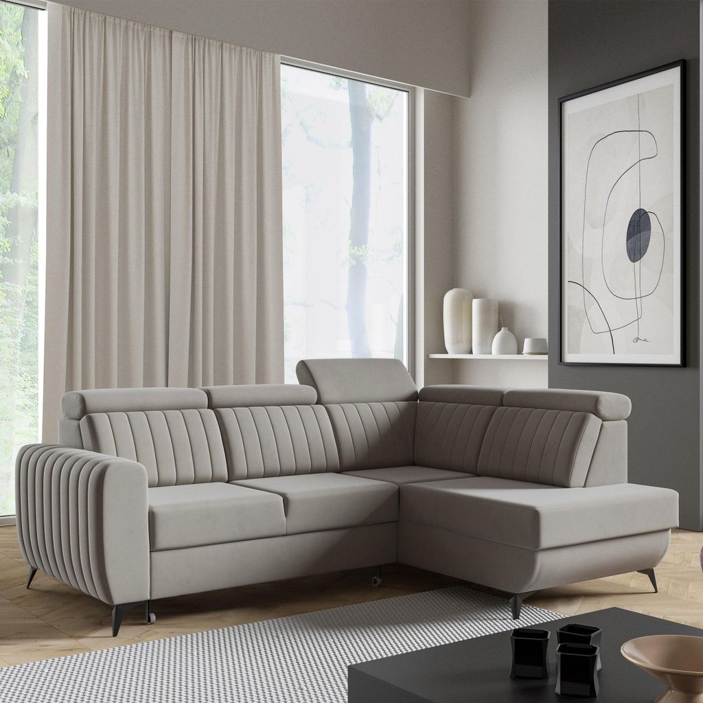 Ecksofa CONNOR II, Dunkelbeige, L-Form - mit Schlaffunktion, Bettkasten & Ottomane rechts