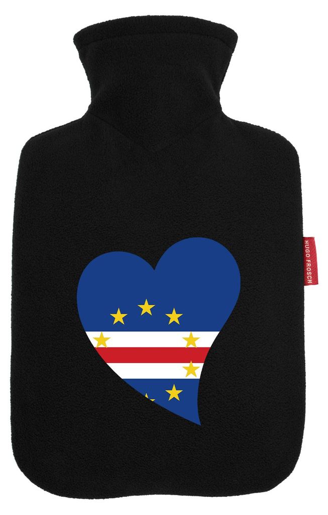 Huuraa Wärmflasche Kap Verde Flagge Herz 1,8 Liter Black Classic Veloursbezug Bettflasche Geschenkidee