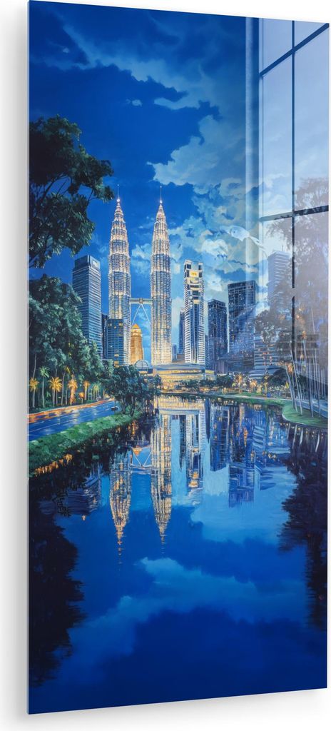 MuchoWow Glasbilder - Bilder auf Wandbild - Foto auf Glas Stadt Kuala Lumpur - Skyline - Wolkenkratzer - Wasser 60x120 cm Wanddekoration aus Glas -...