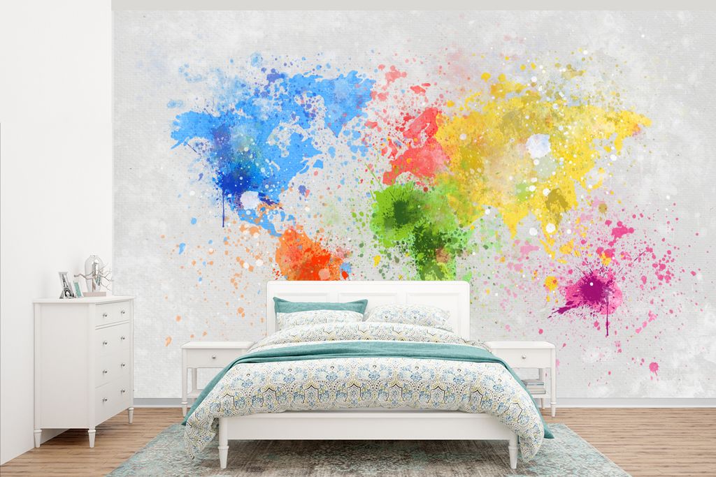 MuchoWow Fototapete für Wohnzimmer oder Schlafzimmer Wandtapete Vinyl Motivtapete Weltkarte - Abstrakt - Malen - Kinder - Jungen - Mädchen - 37...
