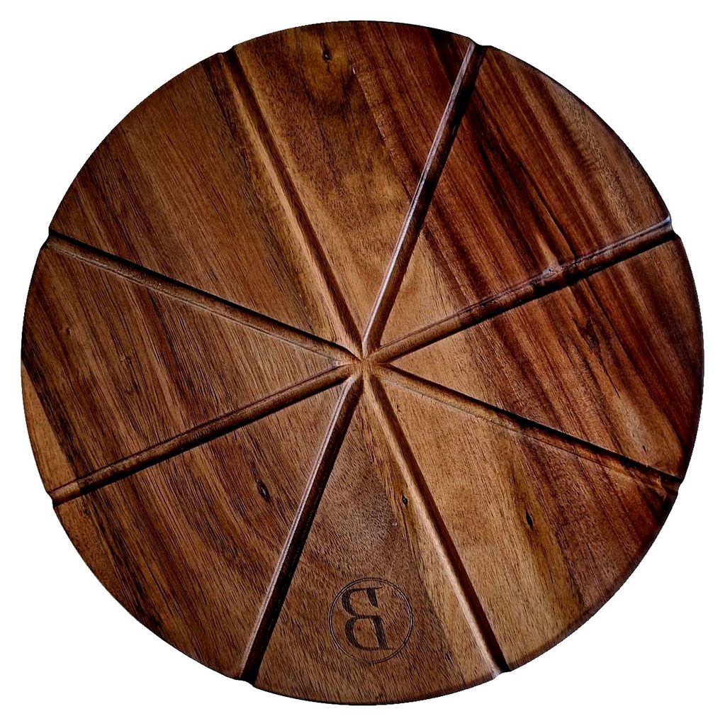 Pizzabrett aus Akazienholz | 32 cm Durchmesser, 14 mm Stärke | Einseitig mit Schneiderillen und glatter Rückseite | Dunkles Holz Servierplatte f...