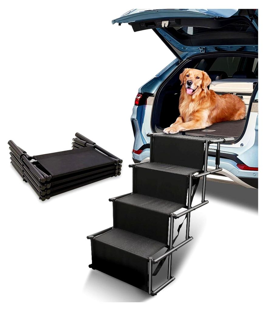 Hunderampe für Autos, klappbar, geeignet für große Hunde, 4 Stufen, belastbar bis 80 kg, Einstiegshilfe für SUV, Auto, LKW, Hochbett (schwarz, ...