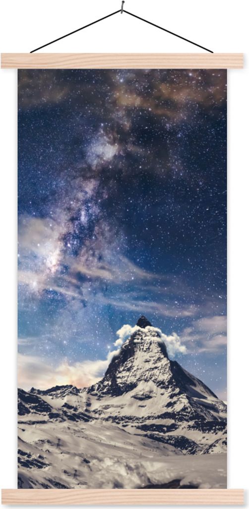 MuchoWow Textilposter Berge - Sterne - Universum - Jungen - Mädchen - Kinder 40x80 cm mit holzfarbenen Rahmen - Wohnzimmer