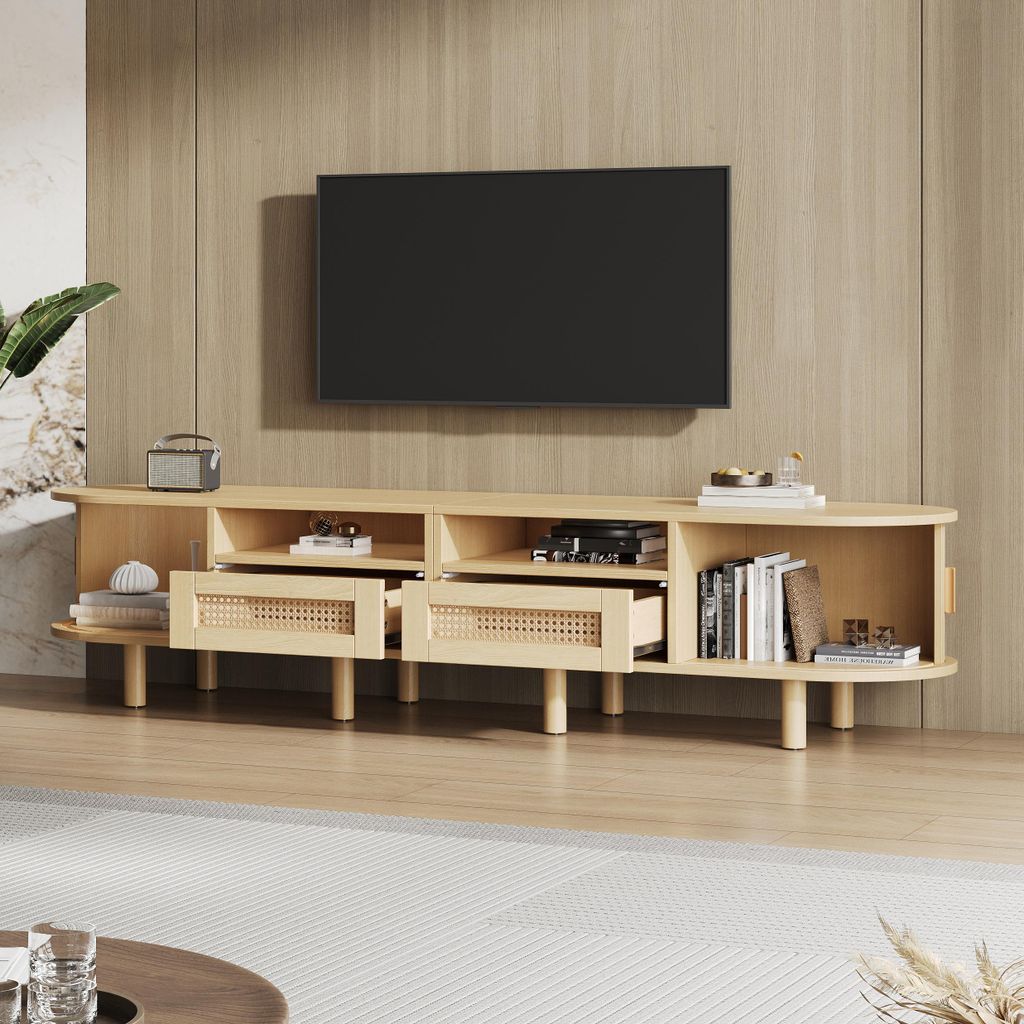 MODFU Ovaler Fernsehtisch TV-Schrank mit Schiebetür-Design und Innenfächern,Lowboard für Fernseher um 70 Zoll mit Schubladen,Holzfarbe