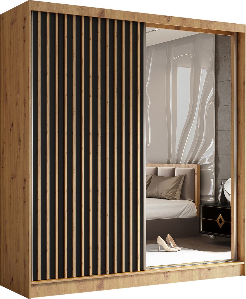 200 cm Kleiderschrank Erika mit Lamellen und Spiegel inklusive 2 Schiebetüren Schwebetürenschrank (Farbe: Artisan, schwarz, Lamelle Artisan)