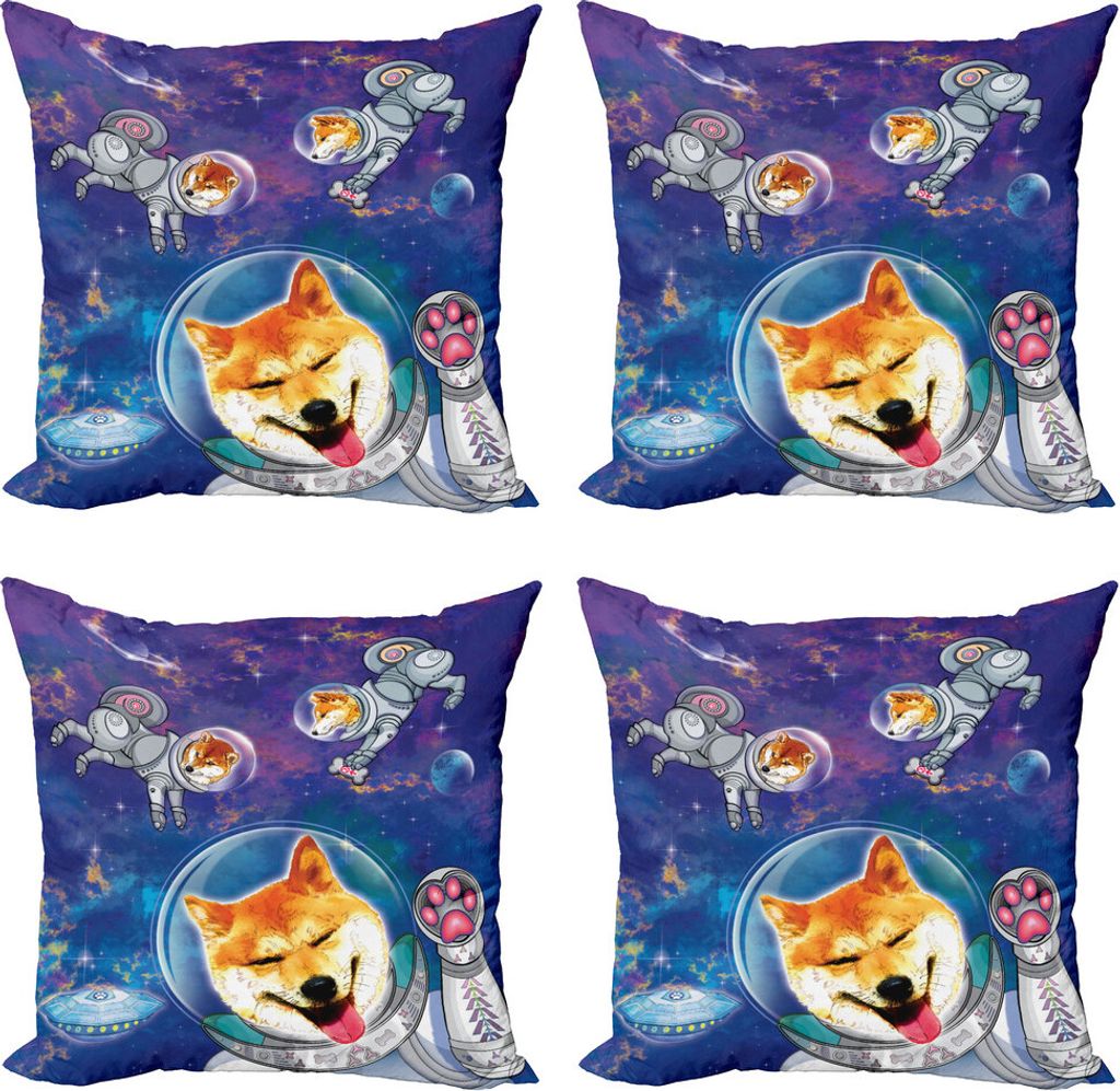 ABAKUHAUS Hund Kissenbezug Set (4 Stück), Astronaut Shibas im Weltraum, Moderner Doppelseitiger Digitaldruck, 60 cm x 60 cm, Mehrfarbig