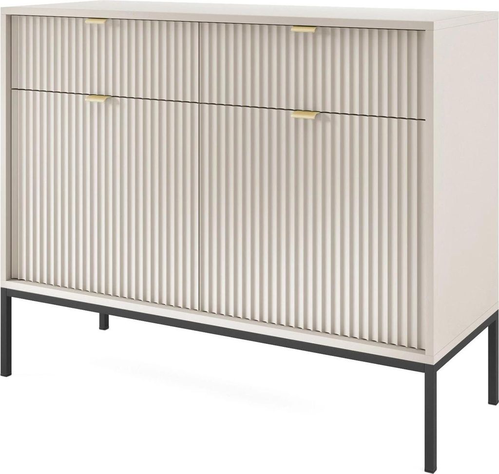 Kommode Kioto 104 cm Kaschmir Beige & Schwarz – Rillenfront, Goldene Griffe, 2 Türen, 2 Schubladen