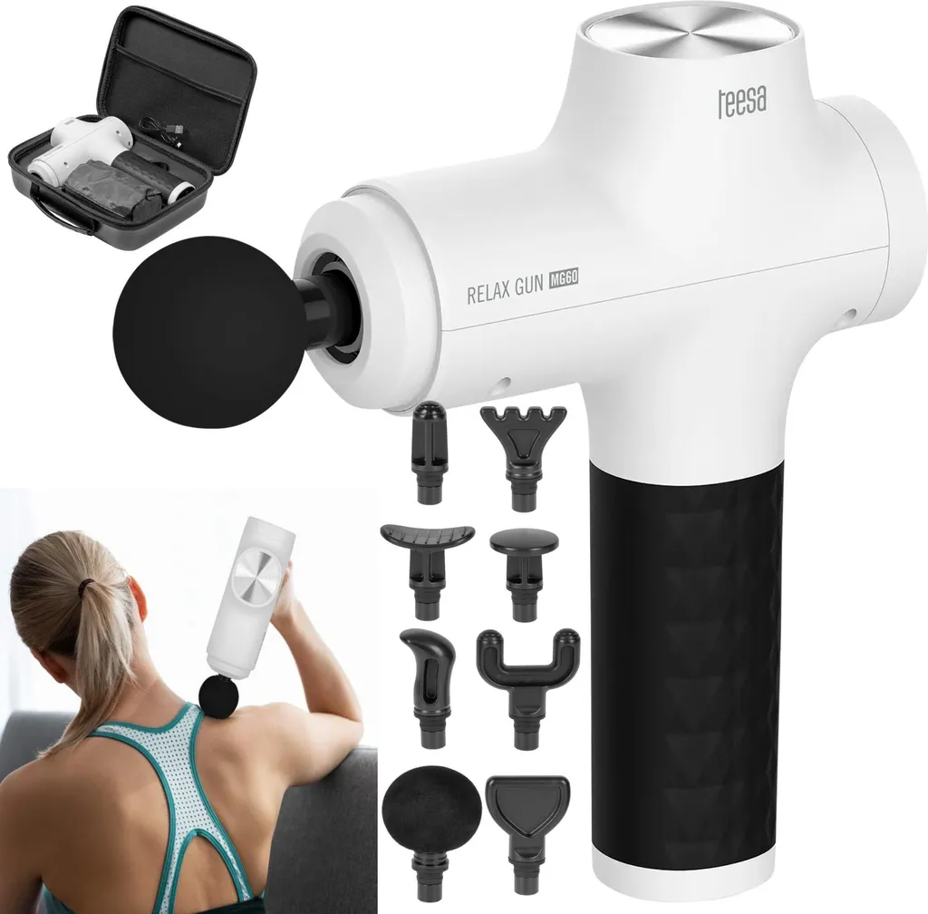 Pistolet de massage Teesa Relax Gun MG60 blanc avec 8 embouts et 60W