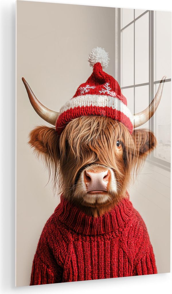 MuchoWow Glasbilder - Bilder auf Wandbild - Foto auf Glas Schottisches Hochlandrind - Weihnachten - Mütze - Pullover - Winter 60x90 cm Wanddekorat...