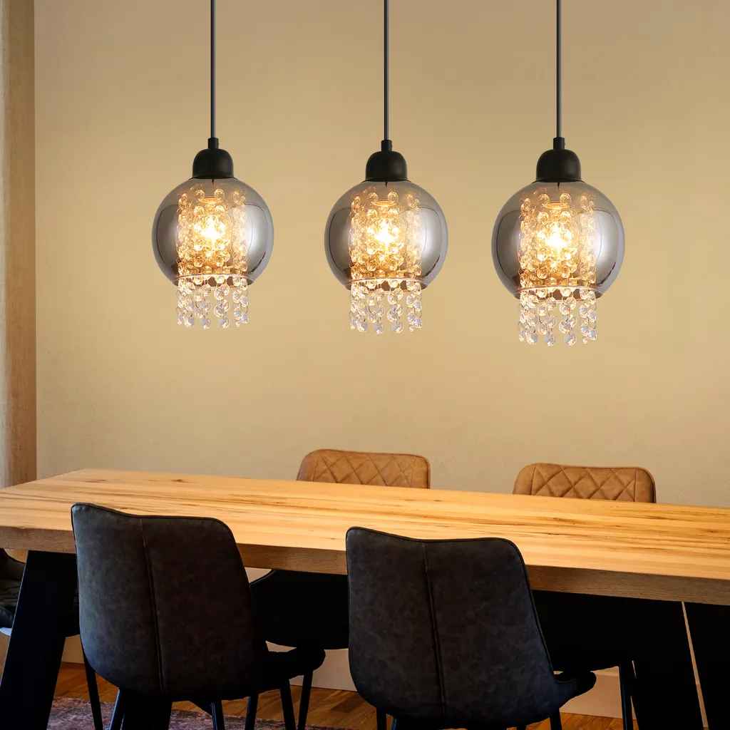 Luminaire Suspendu 3 Flammes E27 en Cristal de Verre Noir Style Moderne