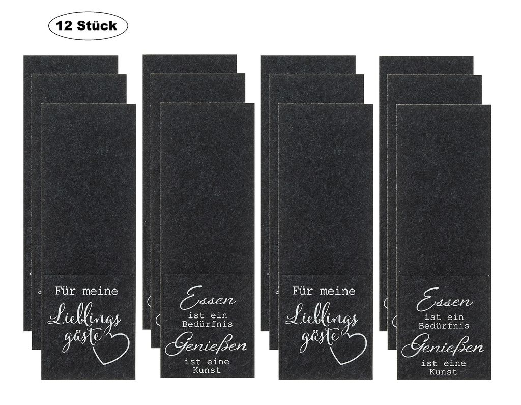 12 Stück Bestecktaschen in Schwarz Filz Tasche 2 verschiedene Sprüche