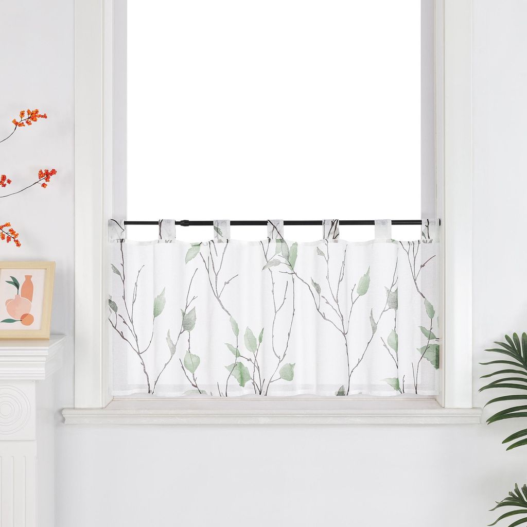 Joyswahl Scheibengardine mit Schlaufen Bistrogardine mit Zweigen und Blättern Muster Voile kleine Kurzstores landhausstil für Küche 1 Stück, Gr...