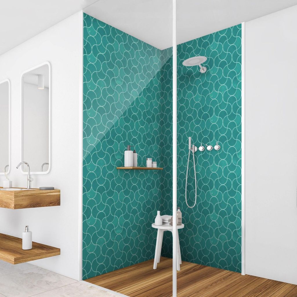 Duschrückwand mit Motiv selbstklebend - 0.35 mm Wandpaneel wasserfest Design türkis Fliesenoptik Vintage Badrückwand fugenlos Smart matt 90x200 cm