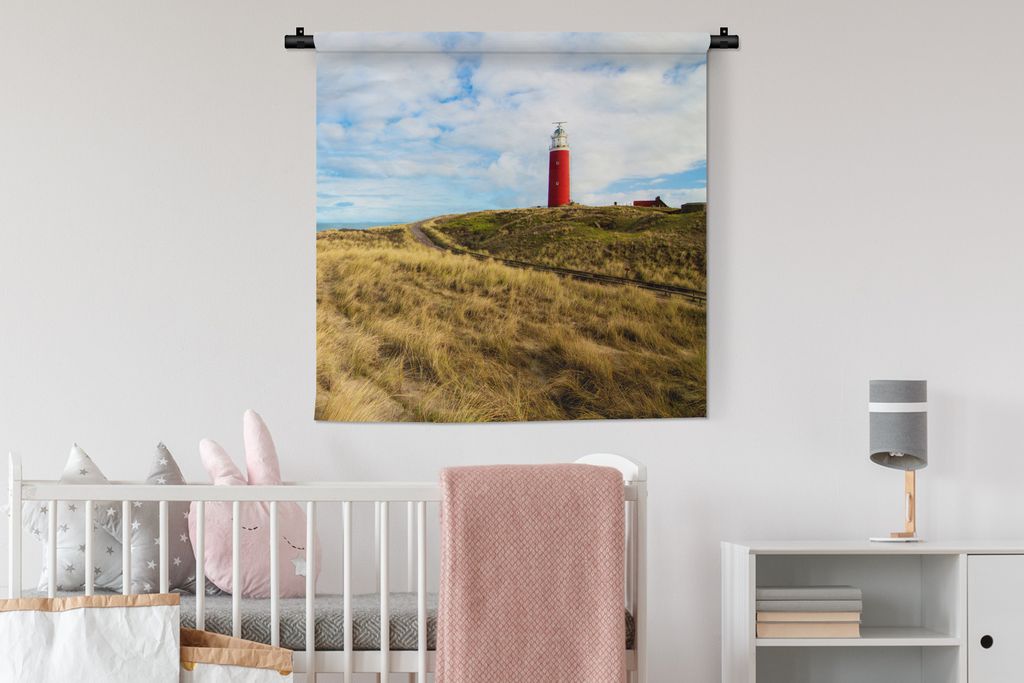 MuchoWow Wandteppich Wandbehang Strand - Leuchtturm - Wolken 90x90 cm Tapisserie Dekoration Wandtuch - Wandaufhänger