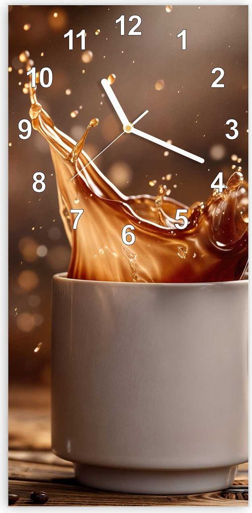 Wanduhr aus Glas mit Motiv Kaffee Spritzer- 30 x 60 cm - inkl. Aufhängesystem