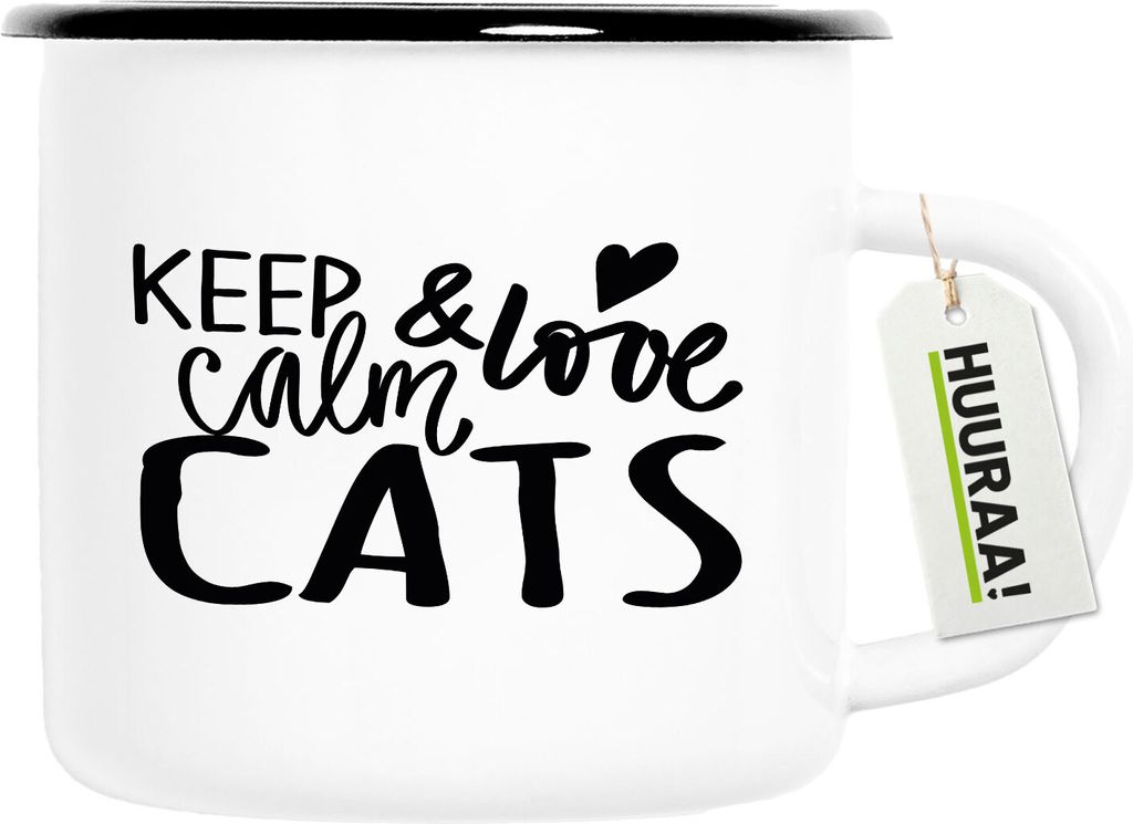 Huuraa Emaille Tasse Keep calm and love Cats 300ml Vintage Campingbecher Geschenkidee