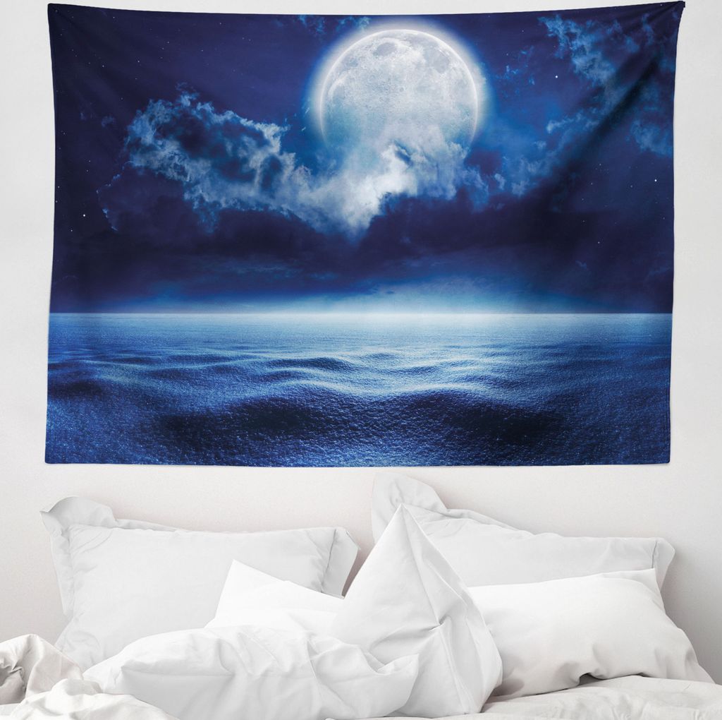 ABAKUHAUS Mond Wandteppich, Vollmond und Meeresstille aus Weiches Mikrofaser Stoff Waschbar ohne Verblassen Digitaldruck, 150 x 110 cm, Marineblau ...