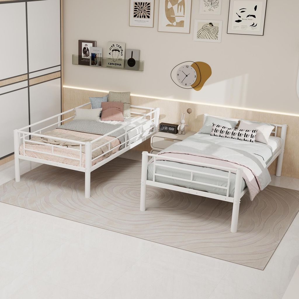MODFU Etagenbett 90 x 190 cm Bettrahmen umbaubar in zwei Einzelbetten Kinderbett mit Leiter und Geländer für Kinderzimmer Eisen weiß mit zwei Ma...